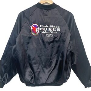 Vintage 90s Ballys AC Park Place Satin Bomber Jacket L Poker Video Slots Graphic